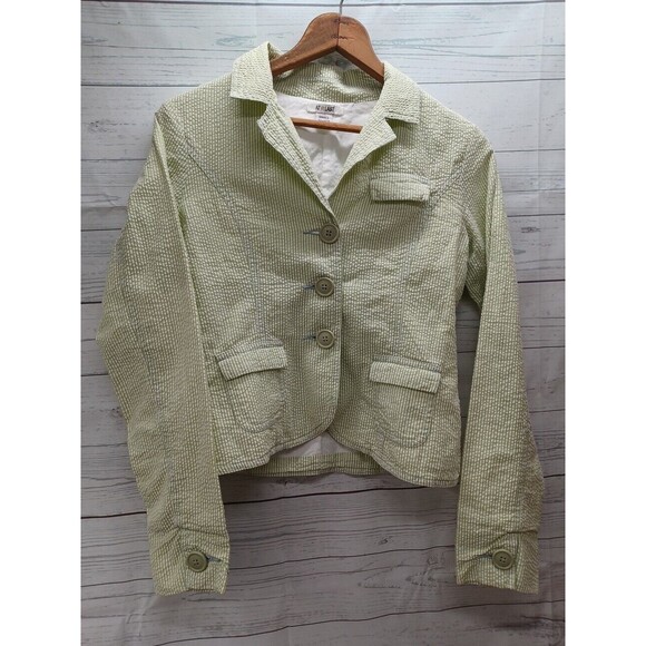 AT LAST Seersucker Striped Blazer Jacket Lined Girls Green White Striped Sz S - Picture 1 of 11